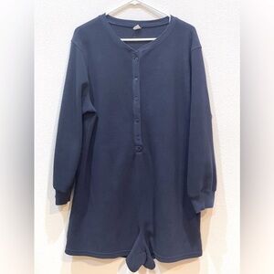 Old Navy Fleece Henley Pajamas Romper Size Large Blue Long Sleeves Shorts